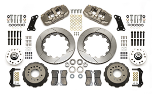 Wilwood AERO6 Big Brake Dynamic Front Brake Kit Parts Laid Out - Nickel Plate Caliper - GT Slotted Rotor