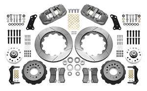 Wilwood AERO6 Big Brake Dynamic Front Brake Kit Parts Laid Out - Type III Anodize Caliper - GT Slotted Rotor