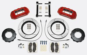 Wilwood TX6R Big Brake Truck Front Brake Kit Parts Laid Out - Red Powder Coat Caliper - GT Slotted Rotor