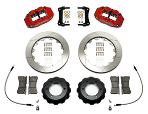 Wilwood Forged Narrow Superlite 6R Big Brake Front Brake Kit (Hat) Parts Laid Out - Red Powder Coat Caliper - GT Slotted Rotor