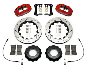 Wilwood Forged Narrow Superlite 6R Big Brake Front Brake Kit (Hat) Parts Laid Out - Red Powder Coat Caliper - SRP Drilled & Slotted Rotor