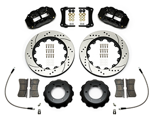 Wilwood Forged Narrow Superlite 6R Big Brake Front Brake Kit (Hat) Parts Laid Out - Black Powder Coat Caliper - SRP Drilled & Slotted Rotor