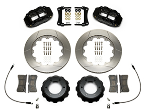 Wilwood Forged Narrow Superlite 6R Big Brake Front Brake Kit (Hat) Parts Laid Out - Black Powder Coat Caliper - GT Slotted Rotor