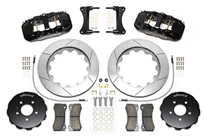 Wilwood AERO6 Big Brake Front Brake Kit Parts Laid Out - Black Powder Coat Caliper - GT Slotted Rotor