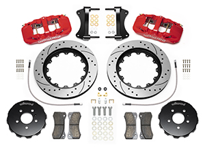 Wilwood AERO6 Big Brake Front Brake Kit Parts Laid Out - Red Powder Coat Caliper - SRP Drilled & Slotted Rotor