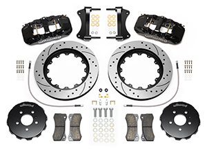 Wilwood AERO6 Big Brake Front Brake Kit Parts Laid Out - Black Powder Coat Caliper - SRP Drilled & Slotted Rotor