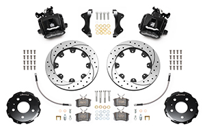 Wilwood Combination Parking Brake Caliper Rear Brake Kit Parts Laid Out - Black Powder Coat Caliper - SRP Drilled & Slotted Rotor