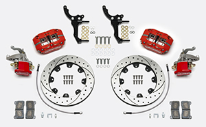 Wilwood Dynapro Radial-MC4 Rear Parking Brake Kit Parts Laid Out - Red Powder Coat Caliper - SRP Drilled & Slotted Rotor