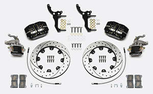 Wilwood Dynapro Radial-MC4 Rear Parking Brake Kit Parts Laid Out - Black Powder Coat Caliper - SRP Drilled & Slotted Rotor