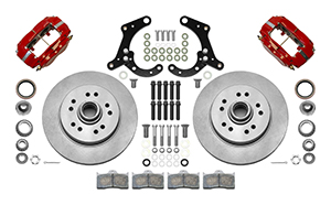 Wilwood Classic Series Dynalite Front Brake Kit Parts Laid Out - Red Powder Coat Caliper - Plain Face Rotor