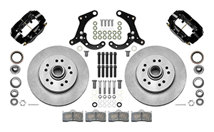 Wilwood Classic Series Dynalite Front Brake Kit Parts Laid Out - Black Powder Coat Caliper - Plain Face Rotor