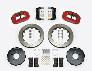 Wilwood Forged Narrow Superlite 6R Big Brake Front Brake Kit (Hat) Parts Laid Out - Red Powder Coat Caliper - GT Slotted Rotor