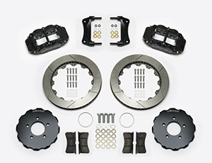 Wilwood Forged Narrow Superlite 6R Big Brake Front Brake Kit (Hat) Parts Laid Out - Black Powder Coat Caliper - GT Slotted Rotor