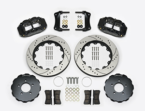 Wilwood Forged Narrow Superlite 6R Big Brake Front Brake Kit (Hat) Parts Laid Out - Black Powder Coat Caliper - SRP Drilled & Slotted Rotor