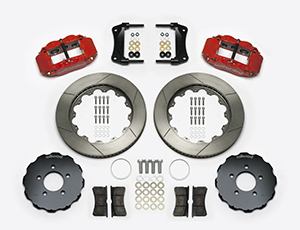 Wilwood Forged Narrow Superlite 6R Big Brake Front Brake Kit (Hat) Parts Laid Out - Red Powder Coat Caliper - GT Slotted Rotor
