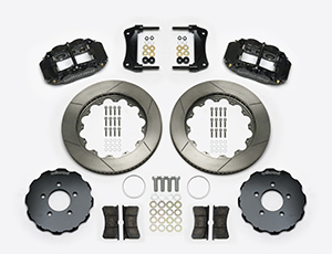 Wilwood Forged Narrow Superlite 6R Big Brake Front Brake Kit (Hat) Parts Laid Out - Black Powder Coat Caliper - GT Slotted Rotor