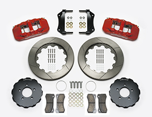 Wilwood AERO6 Big Brake Front Brake Kit Parts Laid Out - Red Powder Coat Caliper - GT Slotted Rotor
