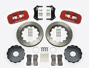 Wilwood AERO6 Big Brake Front Brake Kit Parts Laid Out - Red Powder Coat Caliper - GT Slotted Rotor