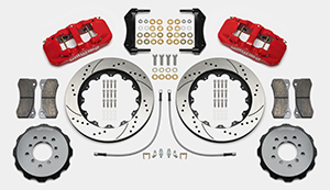 Wilwood AERO6 Big Brake Front Brake Kit Parts Laid Out - Red Powder Coat Caliper - SRP Drilled & Slotted Rotor