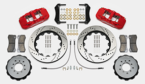 Wilwood AERO6 Big Brake Front Brake Kit Parts Laid Out - Red Powder Coat Caliper - SRP Drilled & Slotted Rotor