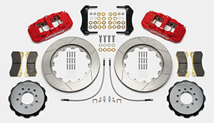 Wilwood AERO6 Big Brake Front Brake Kit Parts Laid Out - Red Powder Coat Caliper - GT Slotted Rotor