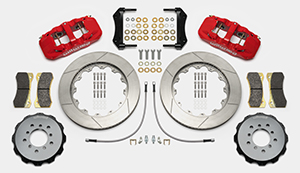 Wilwood AERO6 Big Brake Front Brake Kit Parts Laid Out - Red Powder Coat Caliper - GT Slotted Rotor