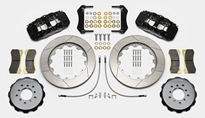 Wilwood AERO6 Big Brake Front Brake Kit Parts Laid Out - Black Powder Coat Caliper - GT Slotted Rotor