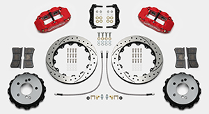 Wilwood Forged Narrow Superlite 4R Big Brake Rear Brake Kit For OE Parking Brake Parts Laid Out - Red Powder Coat Caliper - SRP Drilled & Slotted Rotor