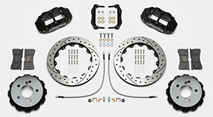 Wilwood Forged Narrow Superlite 4R Big Brake Rear Brake Kit For OE Parking Brake Parts Laid Out - Black Powder Coat Caliper - SRP Drilled & Slotted Rotor