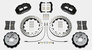 Wilwood Forged Narrow Superlite 4R Big Brake Rear Brake Kit For OE Parking Brake Parts Laid Out - Black Powder Coat Caliper - SRP Drilled & Slotted Rotor