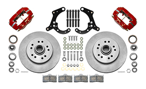 Wilwood Classic Series Dynalite Front Brake Kit Parts Laid Out - Red Powder Coat Caliper - Plain Face Rotor