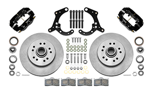 Wilwood Classic Series Dynalite Front Brake Kit Parts Laid Out - Black Powder Coat Caliper - Plain Face Rotor