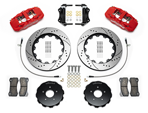 Wilwood AERO6 Big Brake Front Brake Kit Parts Laid Out - Red Powder Coat Caliper - SRP Drilled & Slotted Rotor