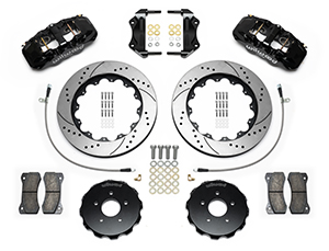 Wilwood AERO6 Big Brake Front Brake Kit Parts Laid Out - Black Powder Coat Caliper - SRP Drilled & Slotted Rotor