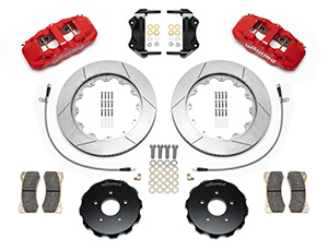 Wilwood AERO6 Big Brake Front Brake Kit Parts Laid Out - Red Powder Coat Caliper - GT Slotted Rotor