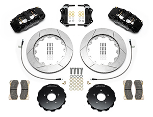 Wilwood AERO6 Big Brake Front Brake Kit Parts Laid Out - Black Powder Coat Caliper - GT Slotted Rotor