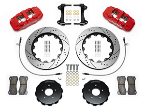 Wilwood AERO6 Big Brake Front Brake Kit Parts Laid Out - Red Powder Coat Caliper - SRP Drilled & Slotted Rotor