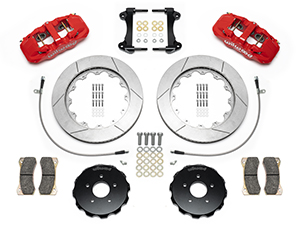 Wilwood AERO6 Big Brake Front Brake Kit Parts Laid Out - Red Powder Coat Caliper - GT Slotted Rotor