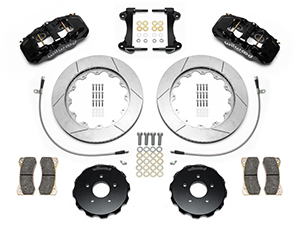 Wilwood AERO6 Big Brake Front Brake Kit Parts Laid Out - Black Powder Coat Caliper - GT Slotted Rotor