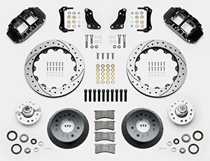 Wilwood Forged Narrow Superlite 6R Big Brake Front Brake Kit (Hub) Parts Laid Out - Black Powder Coat Caliper - SRP Drilled & Slotted Rotor