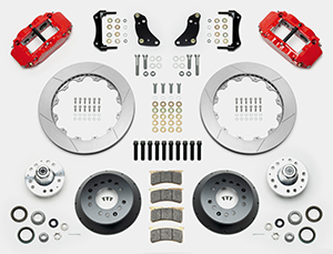 Wilwood Forged Narrow Superlite 6R Big Brake Front Brake Kit (Hub) Parts Laid Out - Red Powder Coat Caliper - GT Slotted Rotor