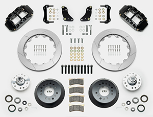 Wilwood Forged Narrow Superlite 6R Big Brake Front Brake Kit (Hub) Parts Laid Out - Black Powder Coat Caliper - GT Slotted Rotor