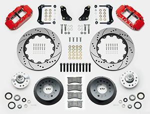 Wilwood Forged Narrow Superlite 6R Big Brake Front Brake Kit (Hub) Parts Laid Out - Red Powder Coat Caliper - SRP Drilled & Slotted Rotor