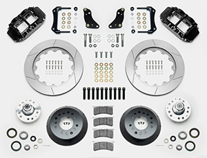 Wilwood Forged Narrow Superlite 6R Big Brake Front Brake Kit (Hub) Parts Laid Out - Black Powder Coat Caliper - GT Slotted Rotor