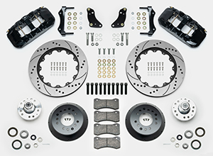 Wilwood AERO6 Big Brake Front Brake Kit Parts Laid Out - Black Powder Coat Caliper - SRP Drilled & Slotted Rotor