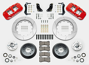 Wilwood AERO6 Big Brake Front Brake Kit Parts Laid Out - Red Powder Coat Caliper - GT Slotted Rotor