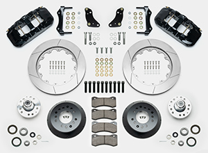 Wilwood AERO6 Big Brake Front Brake Kit Parts Laid Out - Black Powder Coat Caliper - GT Slotted Rotor