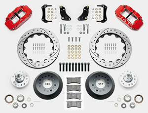 Wilwood Forged Narrow Superlite 6R Big Brake Front Brake Kit (Hub) Parts Laid Out - Red Powder Coat Caliper - SRP Drilled & Slotted Rotor