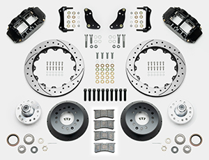 Wilwood Forged Narrow Superlite 6R Big Brake Front Brake Kit (Hub) Parts Laid Out - Black Powder Coat Caliper - SRP Drilled & Slotted Rotor