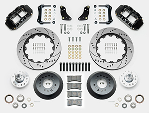 Wilwood Forged Narrow Superlite 6R Big Brake Front Brake Kit (Hub) Parts Laid Out - Black Powder Coat Caliper - SRP Drilled & Slotted Rotor